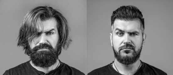 Shaving, hairstyling. Beard, shave before, after. Long beard Hair style hair stylist. Collage man...