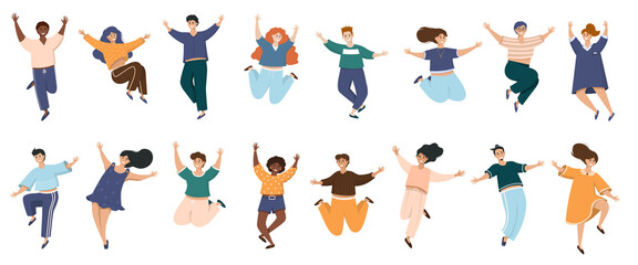 Fototapeta na wymiar Group of happy people jumping on a white background. Concept of freedom, development and aspirations. Men and women moving forward.