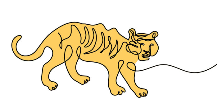 Silhouette of abstract color tiger as line drawing on white
