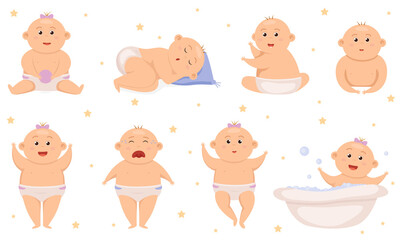 Set with cute little baby boy in diaper. Active baby. Infant new born. Toddler babies activity cute cheerful characters nowaday