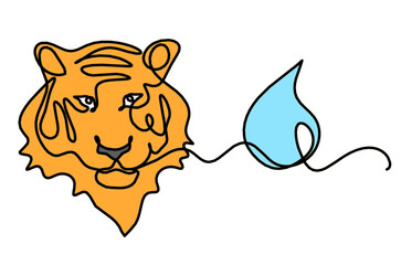 Silhouette of abstract color tiger with element of water (feng shui) as line drawing on white