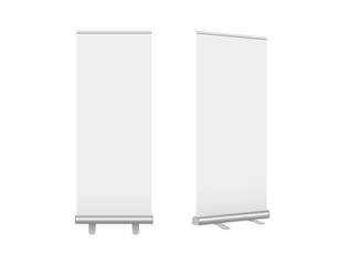 Roll-Up banners set. Vector realistic Mock-up. Vertical templates for branding, conferences, exhibitions, shows. Mobile classic advertising stands on legs isolated on white. EPS10.
