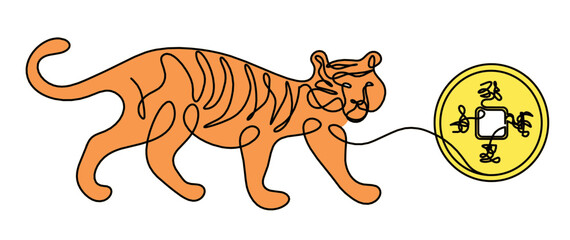 Silhouette of abstract tiger with chinese coin and abstract hieroglyphs as line drawing on white