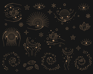 Obraz na płótnie Canvas Set of alchemy esoteric mystical magic celestial icons, sun, moon phases, stars. Golden magical asmr icons and logos, minimalistic vector illustrations