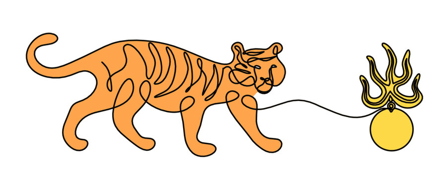 Silhouette of abstract tiger with Fire pearl as protection from flying star "three" in feng shui as line drawing on white