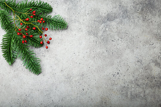 Christmas and New Year flat lay composition frame with green fir tree branch and forest red berries on gray stone concrete background with free space for your text