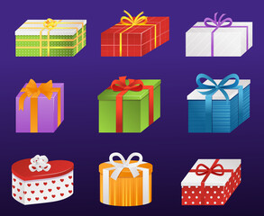 Gift boxes with ribbons collection. Holiday gift box. Vector illustration eps10