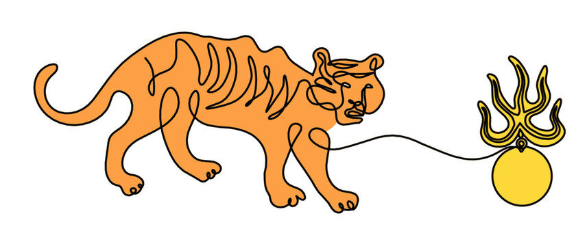Silhouette of abstract tiger with Fire pearl as protection from flying star "three" in feng shui as line drawing on white