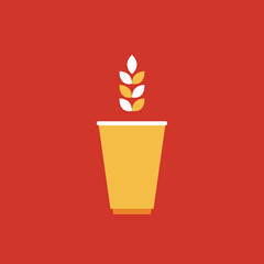Party cup isolated on red background, vector illustration. Yellow beer cup vector. Wheat icon vector.