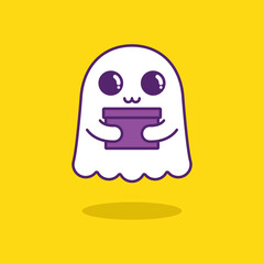 Cutie friendly ghost with a gift isolated on yellow background