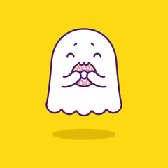 Cutie friendly ghost eating a pink donut isolated on yellow background