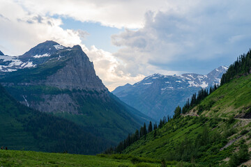 Fototapeta na wymiar View from the Going to the Sun Road at sunset in Glacier National Park in Montana on a summer evening