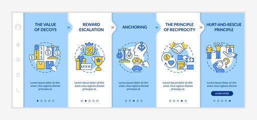 Neuromarketing canons onboarding vector template. Responsive mobile website with icons. Web page walkthrough 5 step screens. Customer decoy and anchoring color concept with linear illustrations © IMG visuals icons