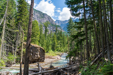 Clear turqoise water cascades over red rock waterfalls on Avalanche Creek in Glacier National Park on a summer day in Montana