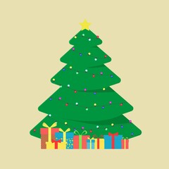 Christmas tree decorated with golden garlands. Christmas tree. gifts under the tree.