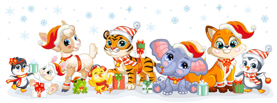 Cute happy christmas animals banner vector illustration