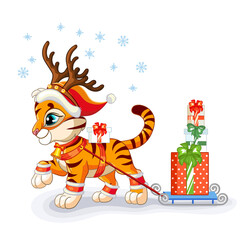 Cute Christmas tiger carries gifts on a sleigh