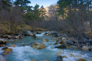 Panoramic view of rapid mountain river, Northern Ossetia, Russia