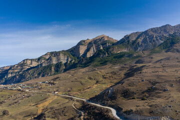 Panoramic view of road in mountain countryside, Verkhny Zalesk, Northern Ossetia, Russia