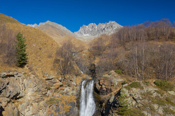 Panoramic view of cascade mountain waterfalls, Goldoridon waterfall, Digor Gorge, Northern Ossetia, Caucasus, Russia