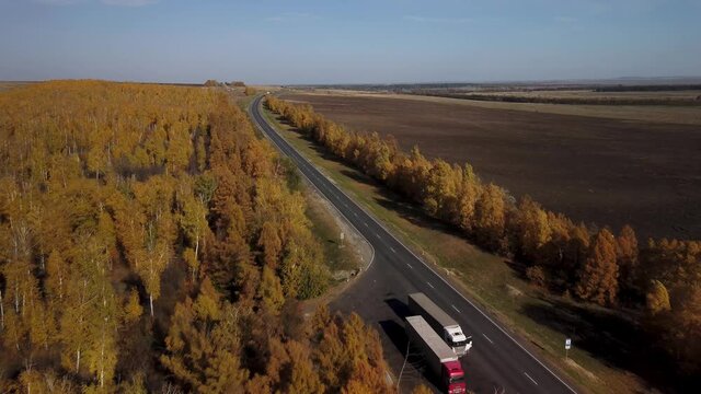 Autumn highway in the central part of Russia. Truckers' parking lot. Top view of 4k video. Yellow birch crowns and an endless road
