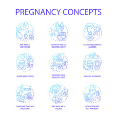 Pregnancy blue gradient concept icons set. Expecting mother needs idea thin line color illustrations. Consume enough proteins. Show affection. Eat iron rich foods. Vector isolated outline drawings