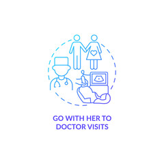 Go with her to doctor visits blue gradient concept icon. Partner support during pregnancy abstract idea thin line illustration. Pregnant woman routine check up. Vector isolated outline color drawing