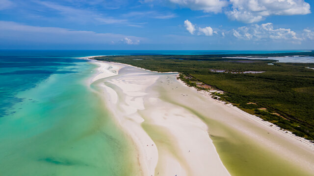 Mexico, Quintana Roo, Aerial view of sandy coastal beach of Isla Holbox