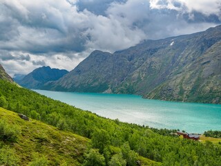 View of turquoise lake gjende from the famous Besseggen hiking trail, Norway