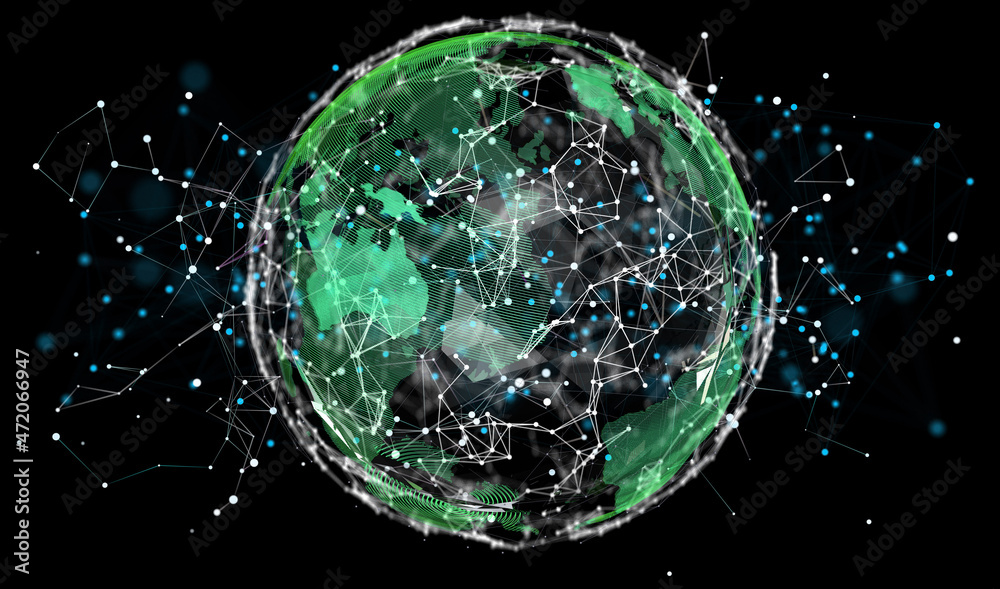 Poster Communication technology for internet business. Global world network and telecommunication on earth cryptocurrency and blockchain