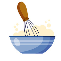 Whisk for cooking. Whipping up food. Kitchen utensils. Tool for blend ingredient in bowl or plate. Production of confectionery and pastries. Flat cartoon