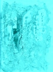 Turquoise watercolor background. Transparent lines and spots. Paint leaks and ombre effects. Abstract hand-painted image.