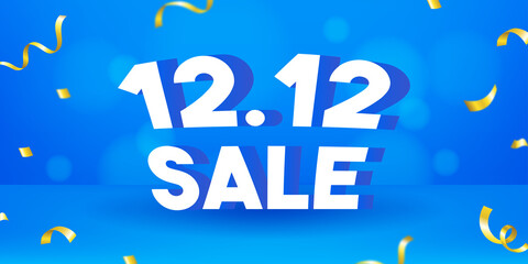 12.12 Sale Banner vector illustration. End of the year sale, Gold confetti on blue bokeh background..