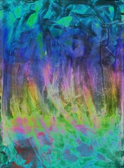 Multicolored watercolor background. Transparent lines and spots. Paint leaks and ombre effects. Abstract hand-painted image.
