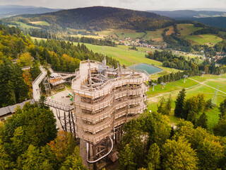 Wooden Loookout Tower in Slotwiny Arena, Krynica, Poland. Aerial Drone View
