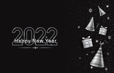 Fototapeta premium happy new year 2022 silver color with silver party element isolated black background