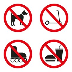 a set of prohibition signs for shopping centers and other premises. dogs are not allowed. with ice cream is prohibited. photography is prohibited. with alcoholic drinks is prohibited