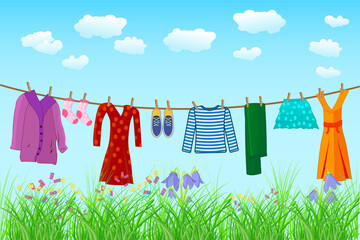 Clothes hanging on clothesline. Laundry hang on rope to dry on blue sky and meadow background. Dress drying outdoor on washing line. String with garments and clothespins in field. Vector illustration