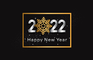 happy new year 2022 silver color with golden snowflake in square isolated black background
