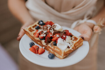 selfmade waffle with fruits
