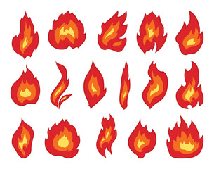 Collection of colored fire and flame icons isolated on white background.
