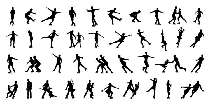 Collection of black silhouettes of skaters isolated on a white background.