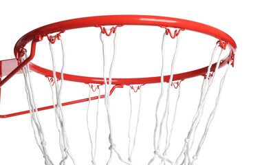 Fototapeta na wymiar Basketball hoop with net on white background, closeup