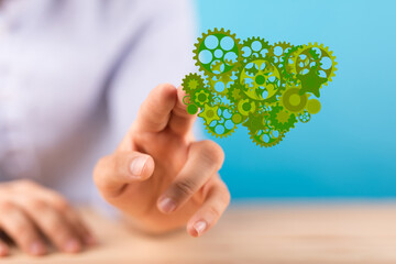 Mechanism green gears and cogs at work on black background. Industrial machinery. 3D illustration. 3D high quality rendering.