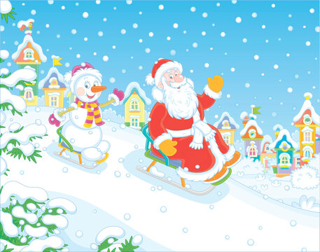 Santa Claus and a happy snowman sledding down a snow hill on a winter playground in a beautiful snowy park of a pretty small town, vector cartoon illustration