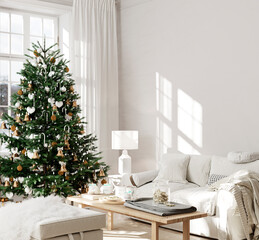 Christmas living room interior in light colors, side view