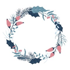 Fototapeta na wymiar Round floral frame with winter floral decoration element with pine, leaves, berries and spruce. Herbal wreath. Decorative wreath. Hand drawn style.