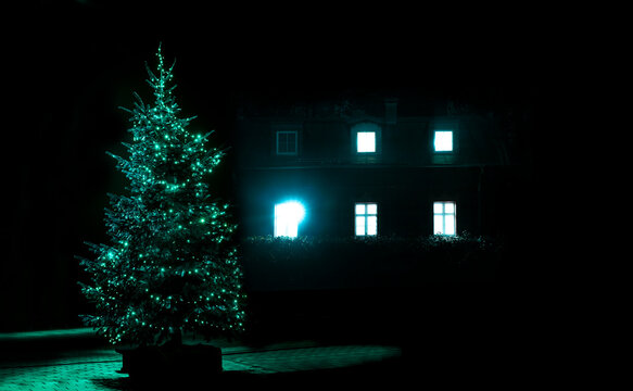 Weihnachtsbaum vor einem Wohnhaus mit Bleuchteten Fenstern