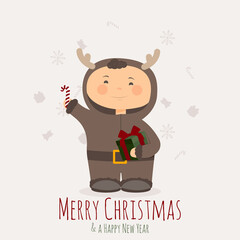 Vector illustration of a boy wearing a reindeer costume with christmas icons around isolated on light background 