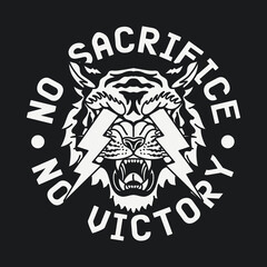 Black and White Lightning Eyes Tiger with No Sacrifice No Victory Slogan Vector Artwork on Black Background for Apparel and Other Uses